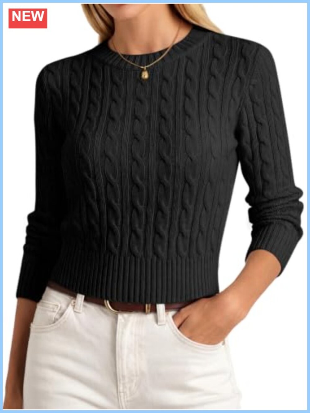 Womens Cable Knit Cropped Crew Neck Pullover Sweater Slim Fit Fall